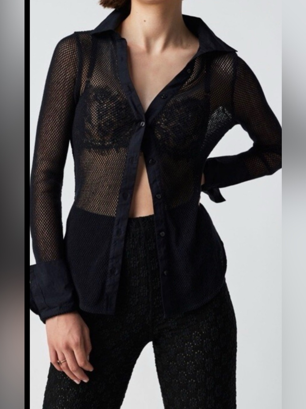 Free People Siggi Button Down Mesh Fishnet Shirt.